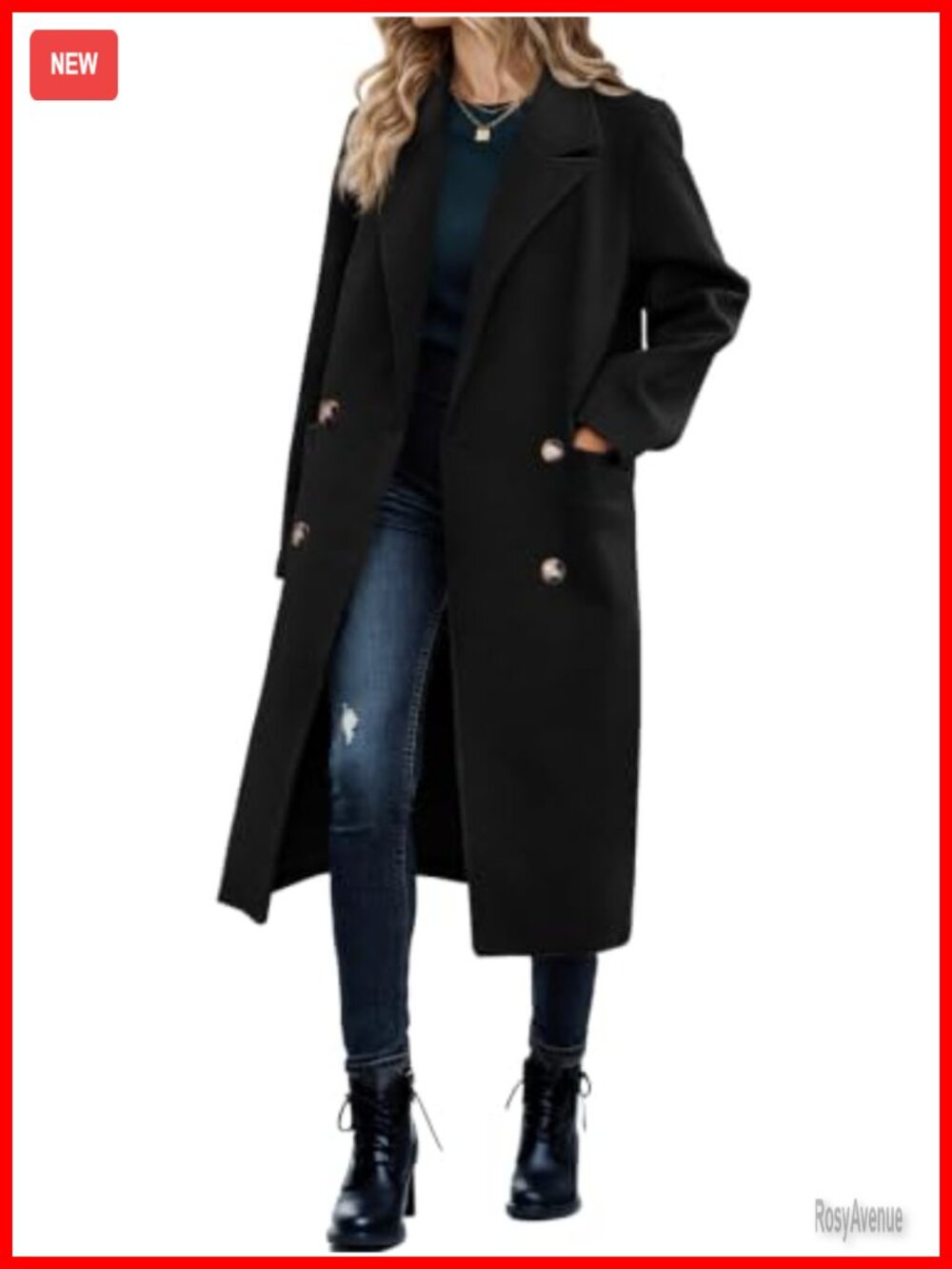Women's Double Breasted Pea Coat Long Trench Overcoat with Pockets